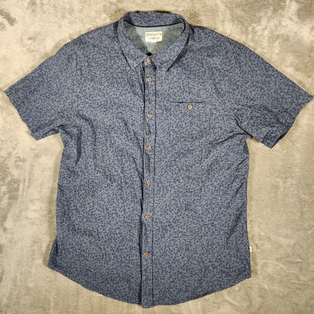 Hang Ten Button Up Shirt Mens XL Blue Excellent Linen Blend Abstract Print